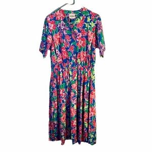 Leslie Fay Vintage 80s Granny Core Hawaiian Floral Dress Size 14 Petite Classics